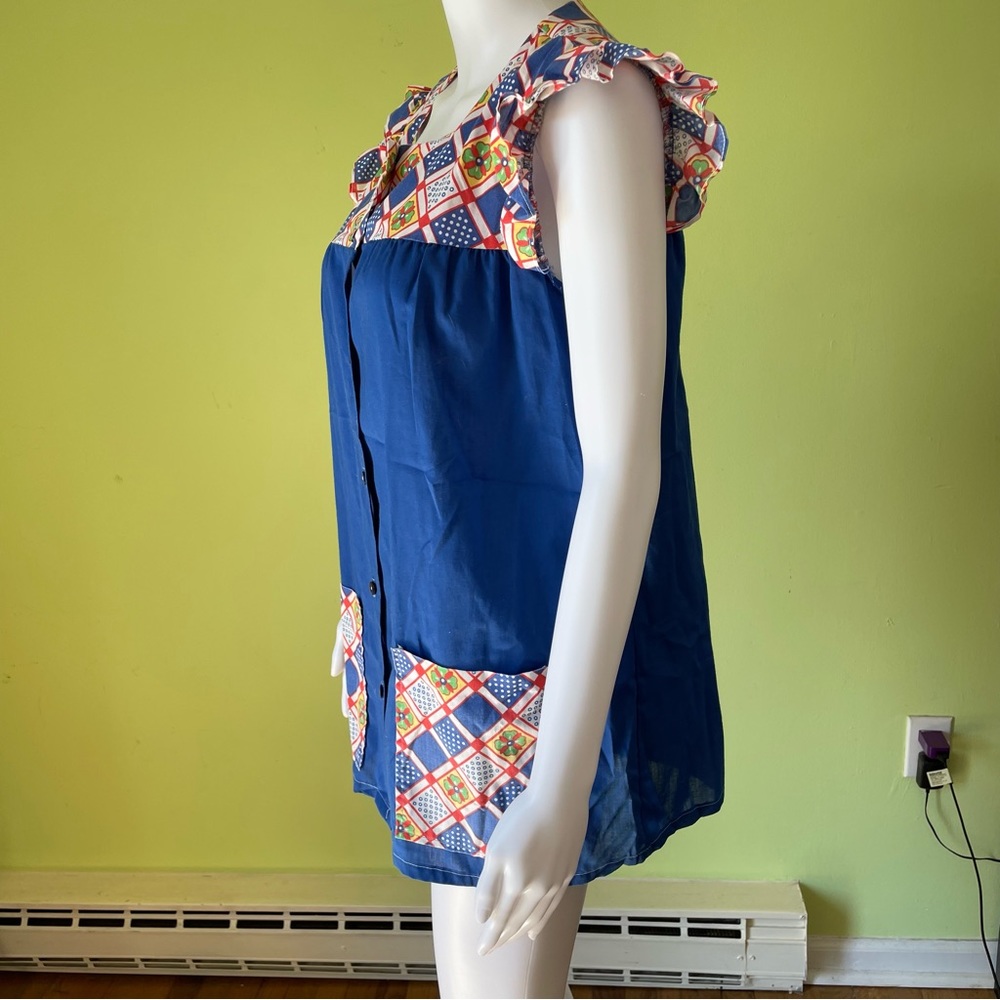 Vintage Blue Patterned Pocket Button Up House Top… - image 3